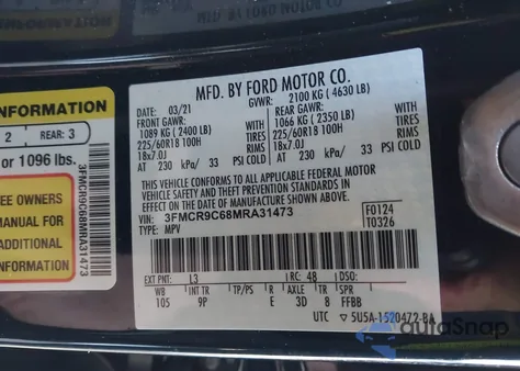 2021 Ford Bronco Sport Outer Banks из США, поврежденный, VIN 3FMCR9C68MRA31473